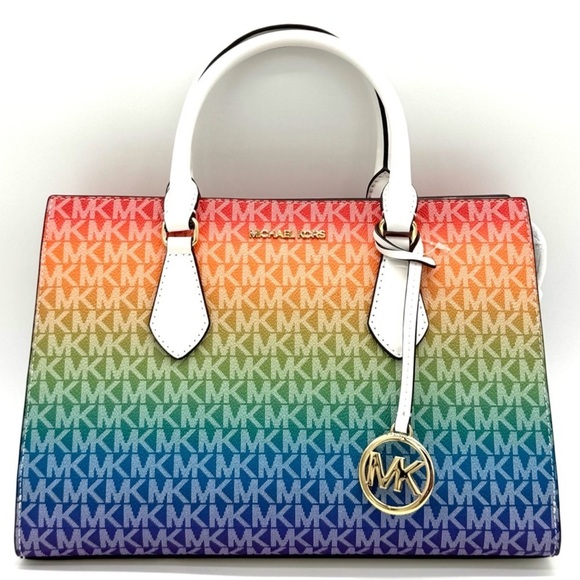 Michael Kors Sheila Medium Rainbow Signature Logo Satchel Bag Rainbow - Picture 1 of 13